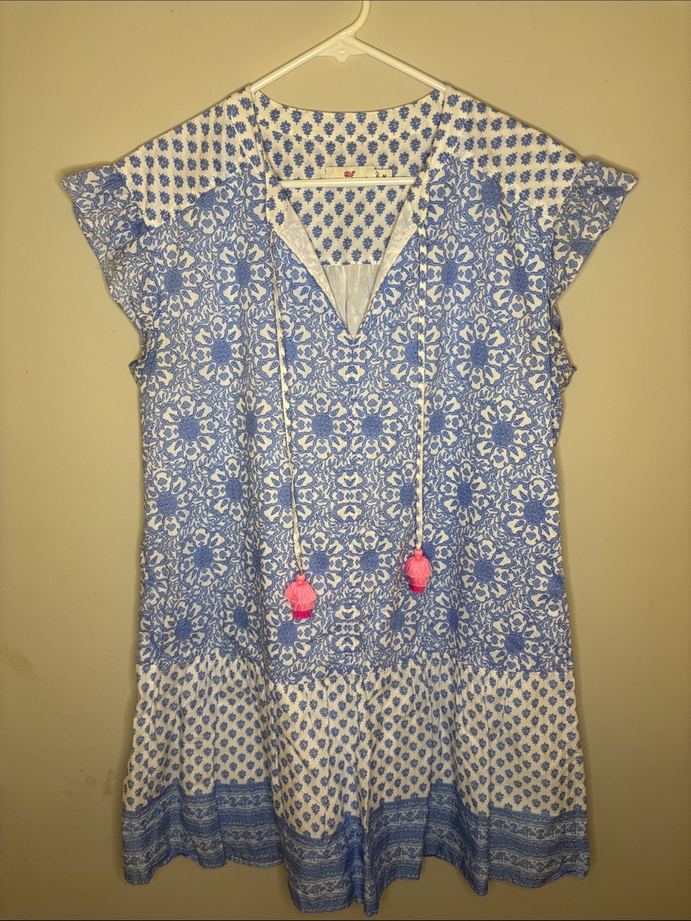 Vineyard Vines cotton medallion print tunic dress blue white pink tassels medium